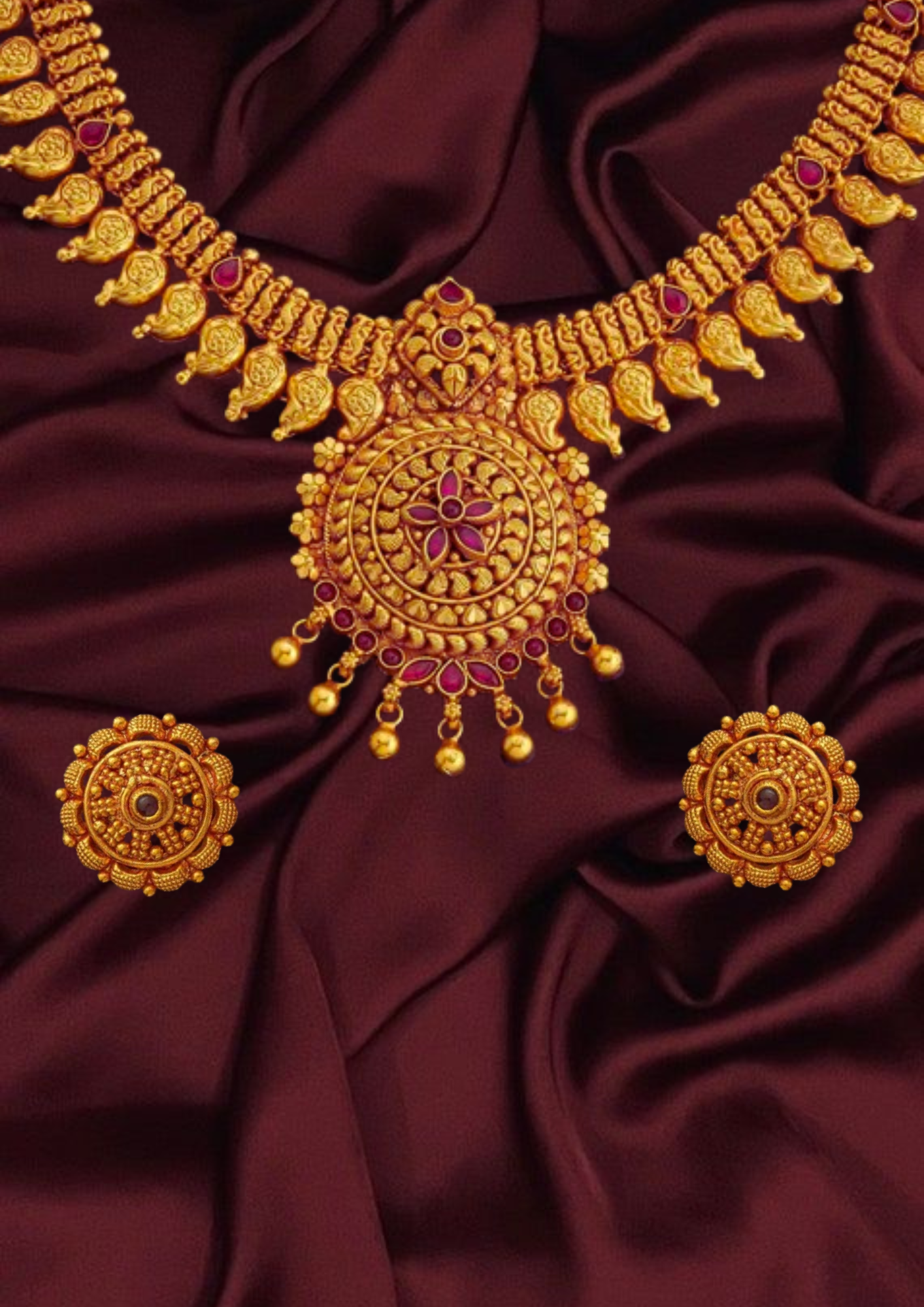 Long silver temple Necklace with spinal stone